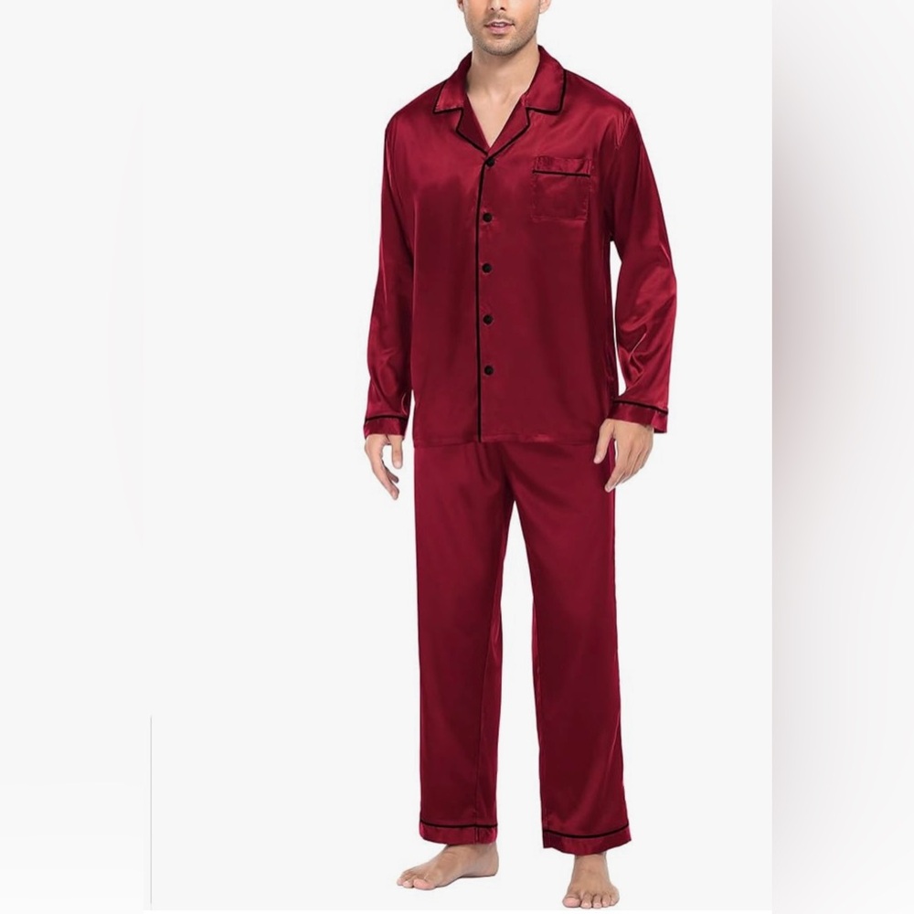 Unopened Mens Silk Satin Pajamas Set Long Sleeve Sleepwear Button-Down XL